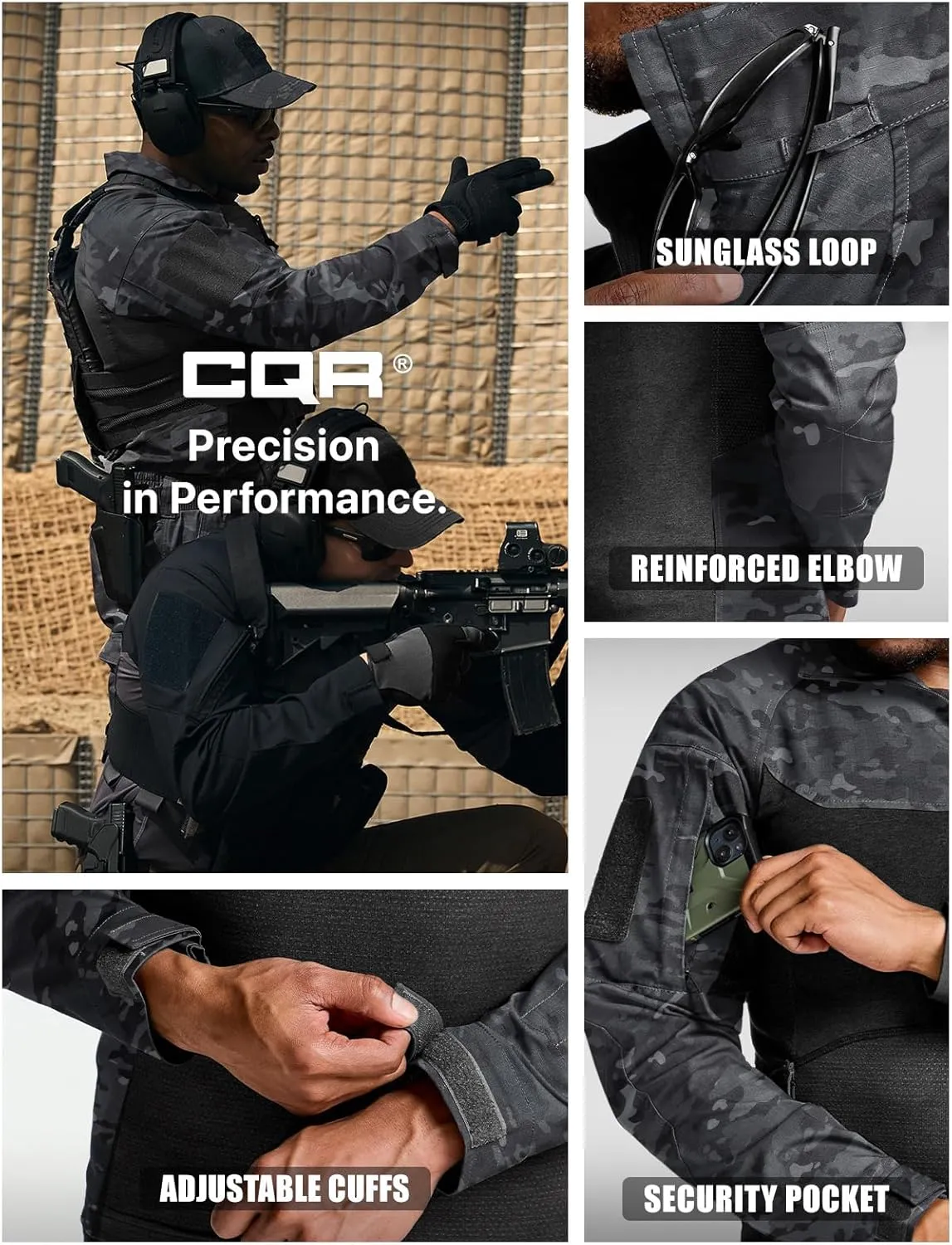 CQR Men's Combat Shirt Tactical 1/4 Zip Long Sleeve Military BDU Shirts Camo EDC Top with Pockets