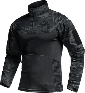 CQR Men's Combat Shirt Tactical 1/4 Zip Long Sleeve Military BDU Shirts Camo EDC Top with Pockets
