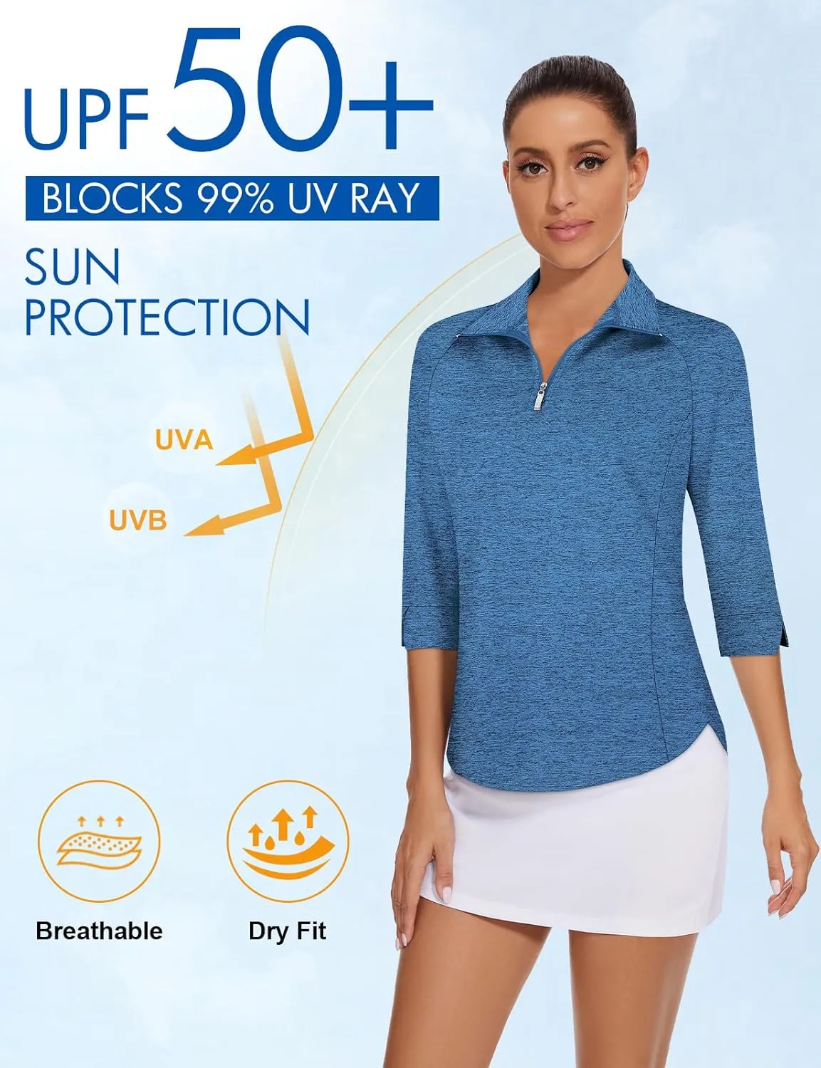Cucuchy Style Womens Golf Shirt 3/4 Sleeve Quarter Zip Workout Tennis Tops Quick Dry UPF 50  Shirts