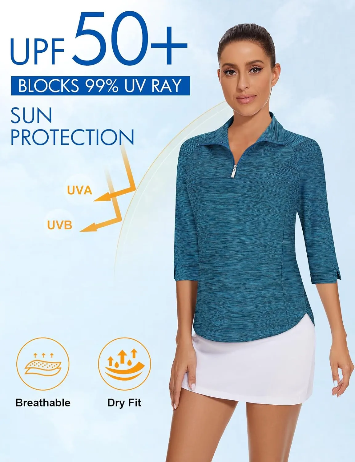 Cucuchy Style Womens Golf Shirt 3/4 Sleeve Quarter Zip Workout Tennis Tops Quick Dry UPF 50  Shirts
