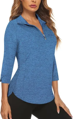 Cucuchy Style Womens Golf Shirt 3/4 Sleeve Quarter Zip Workout Tennis Tops Quick Dry UPF 50  Shirts