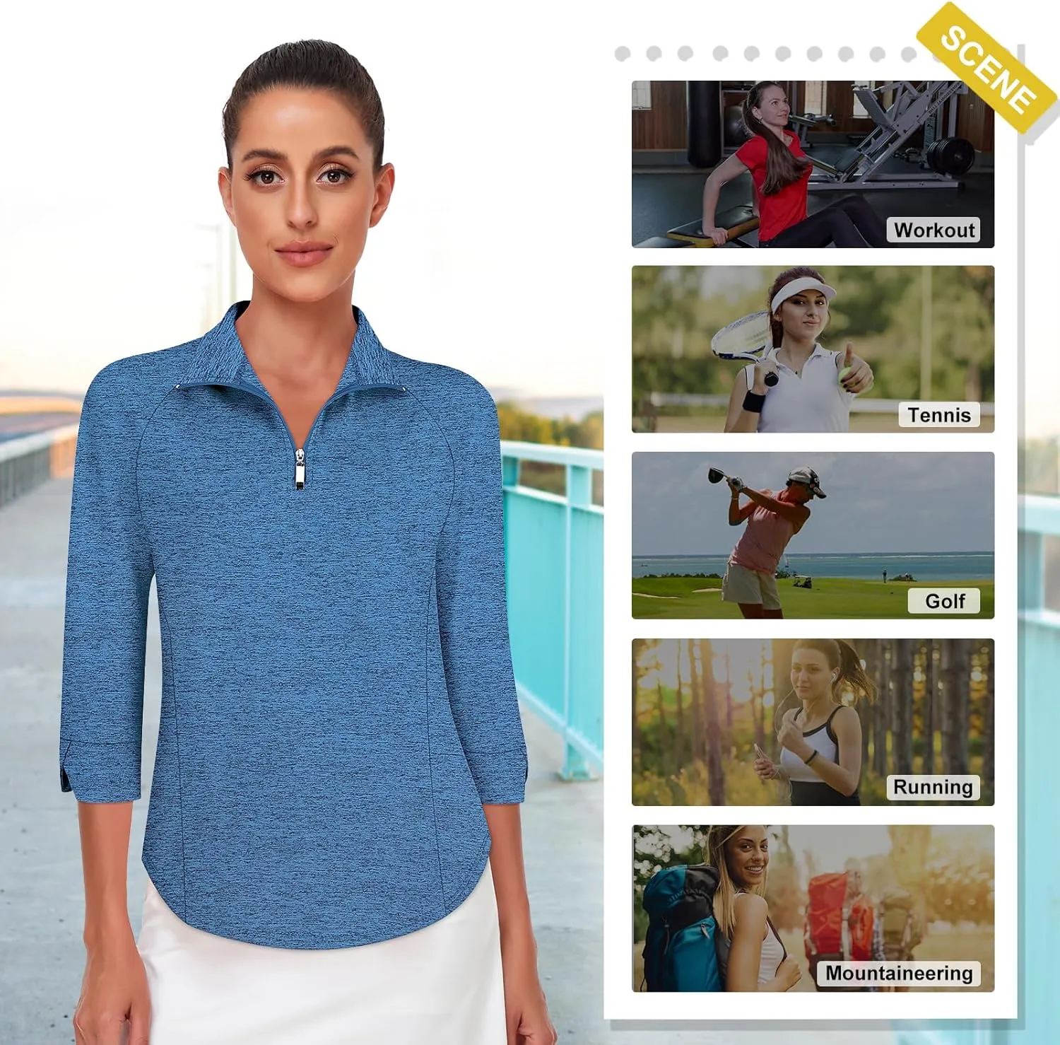 Cucuchy Style Womens Golf Shirt 3/4 Sleeve Quarter Zip Workout Tennis Tops Quick Dry UPF 50  Shirts