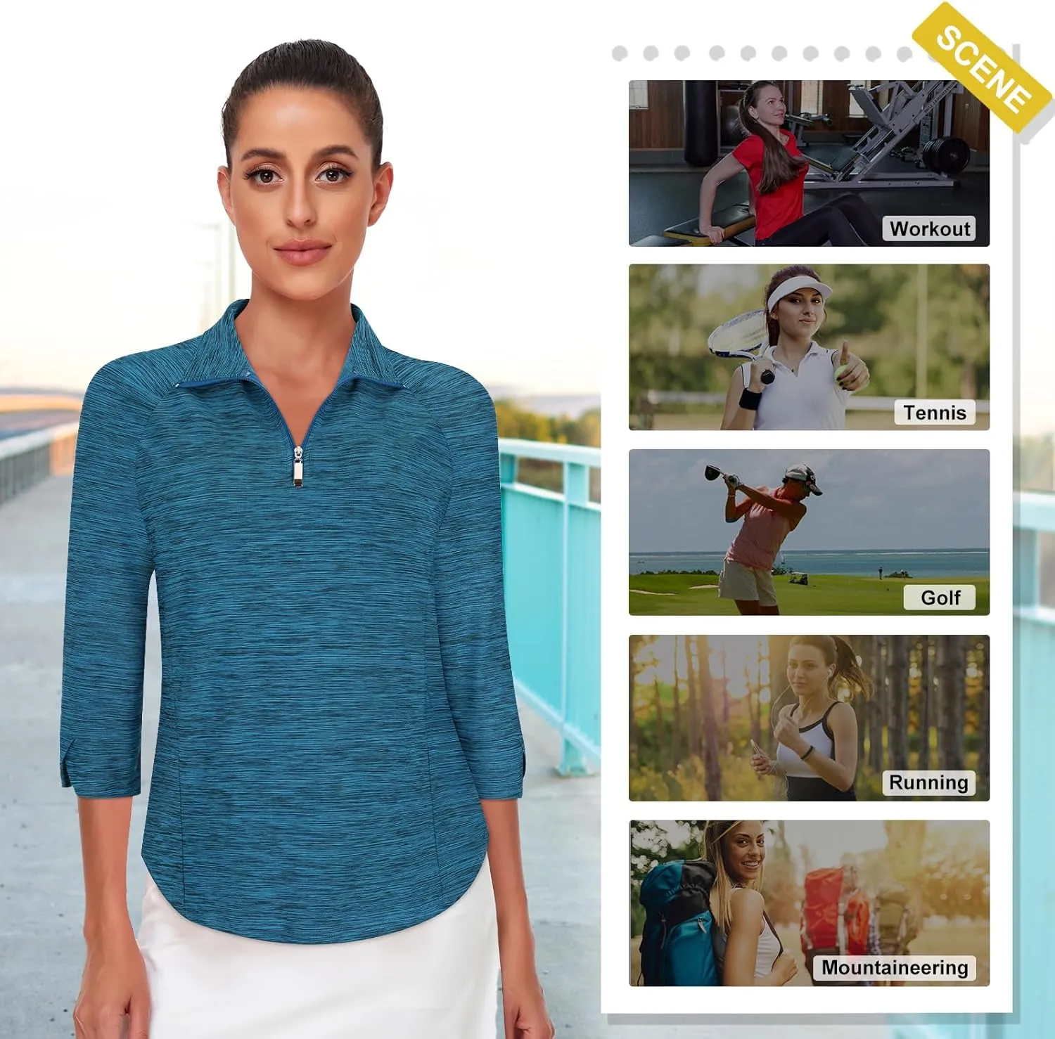 Cucuchy Style Womens Golf Shirt 3/4 Sleeve Quarter Zip Workout Tennis Tops Quick Dry UPF 50  Shirts