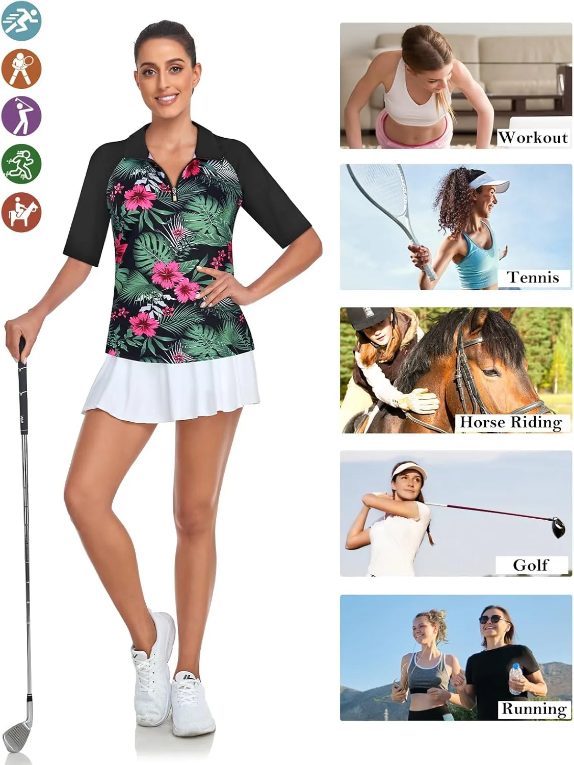 Cucuchy Womens Golf Shirt Half Sleeve Quarter Zip Polo Tennis Shirts Workout Tops