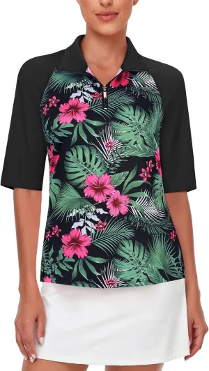 Cucuchy Womens Golf Shirt Half Sleeve Quarter Zip Polo Tennis Shirts Workout Tops