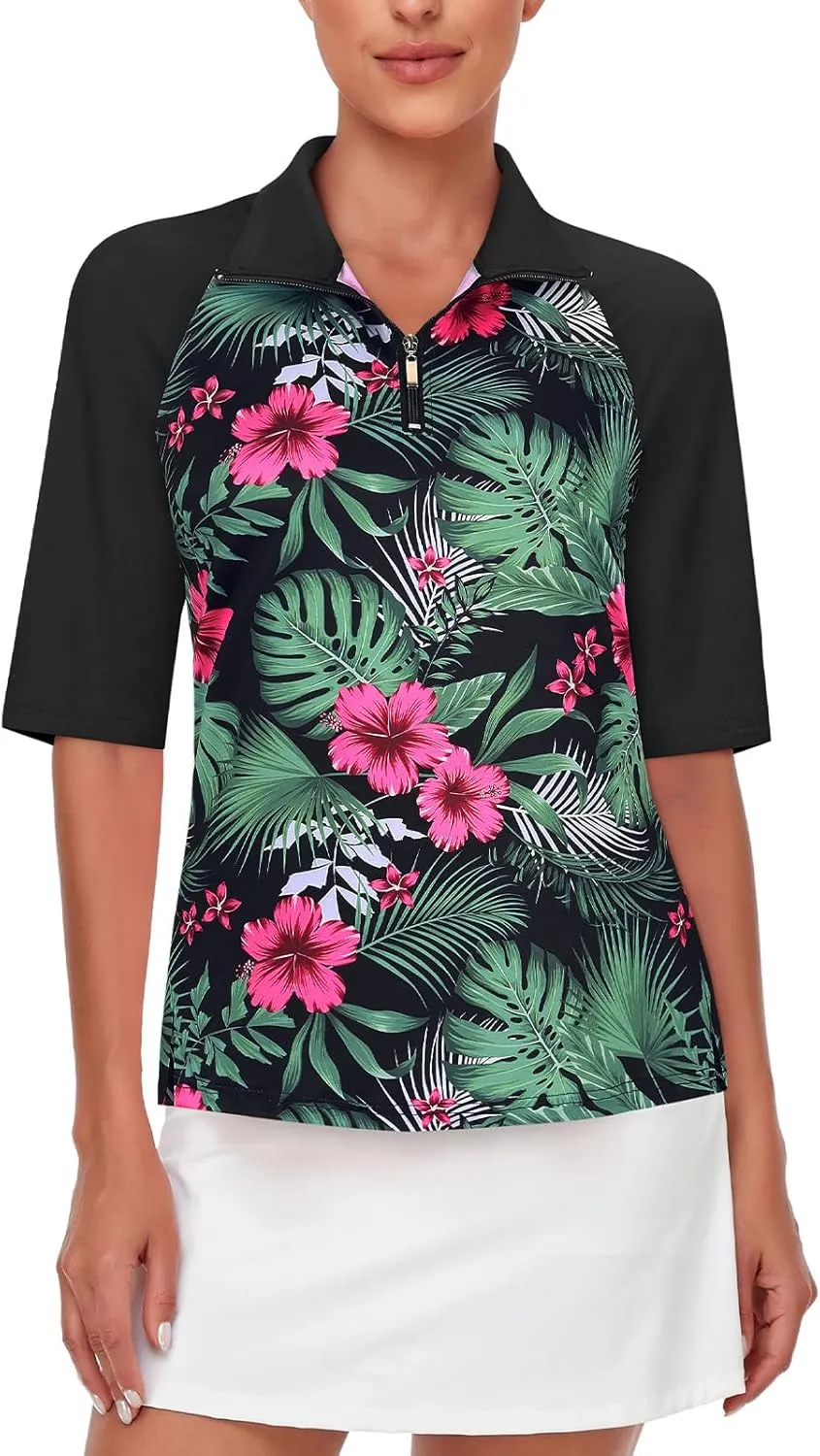 Cucuchy Womens Golf Shirt Half Sleeve Quarter Zip Polo Tennis Shirts Workout Tops