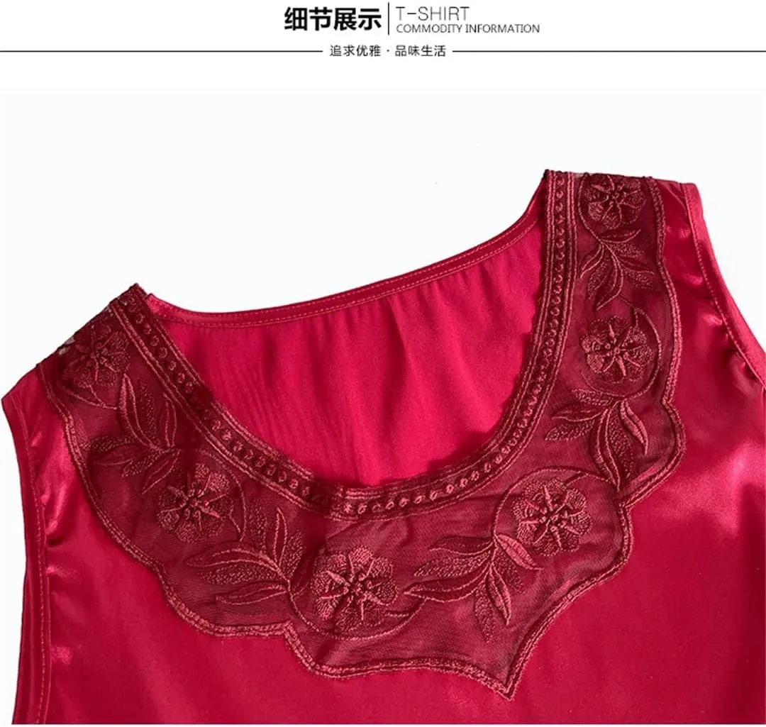Dbdkejj Women Spring Summer Casual Lace Round Neck Patchwork Embroidered Satin Camisole Tank Top