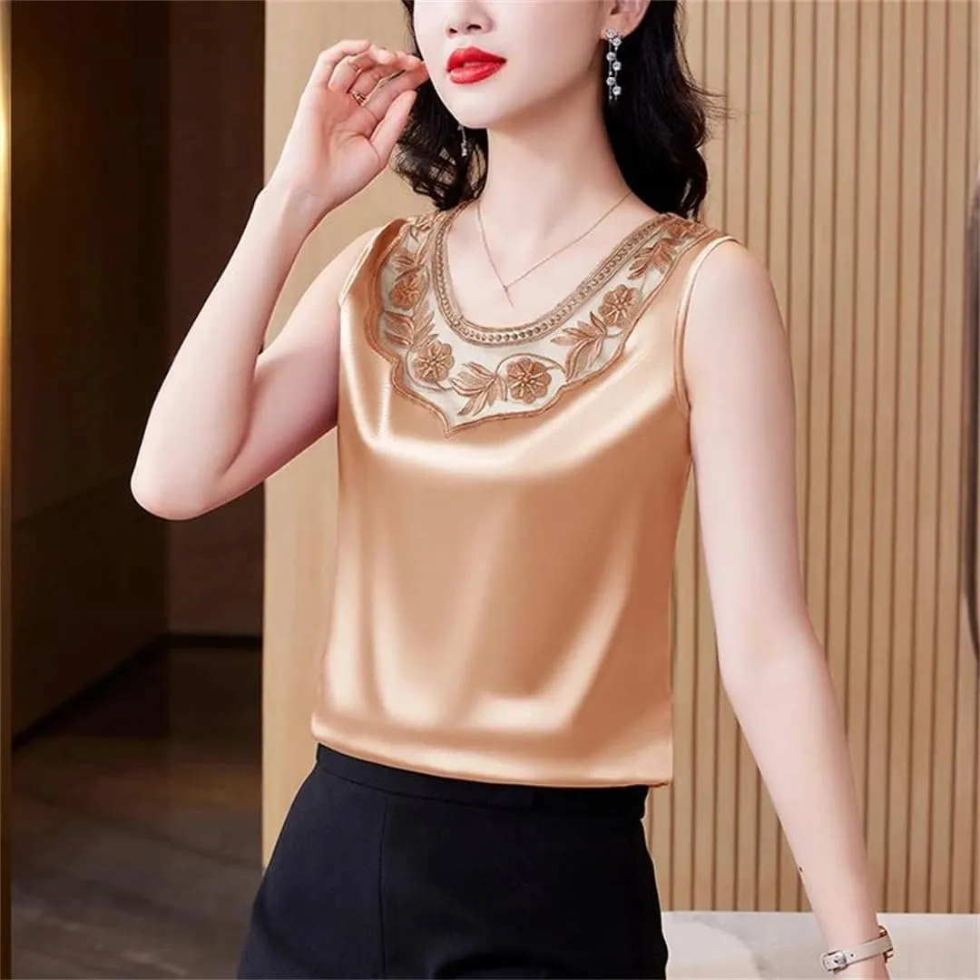 Dbdkejj Women Spring Summer Casual Lace Round Neck Patchwork Embroidered Satin Camisole Tank Top