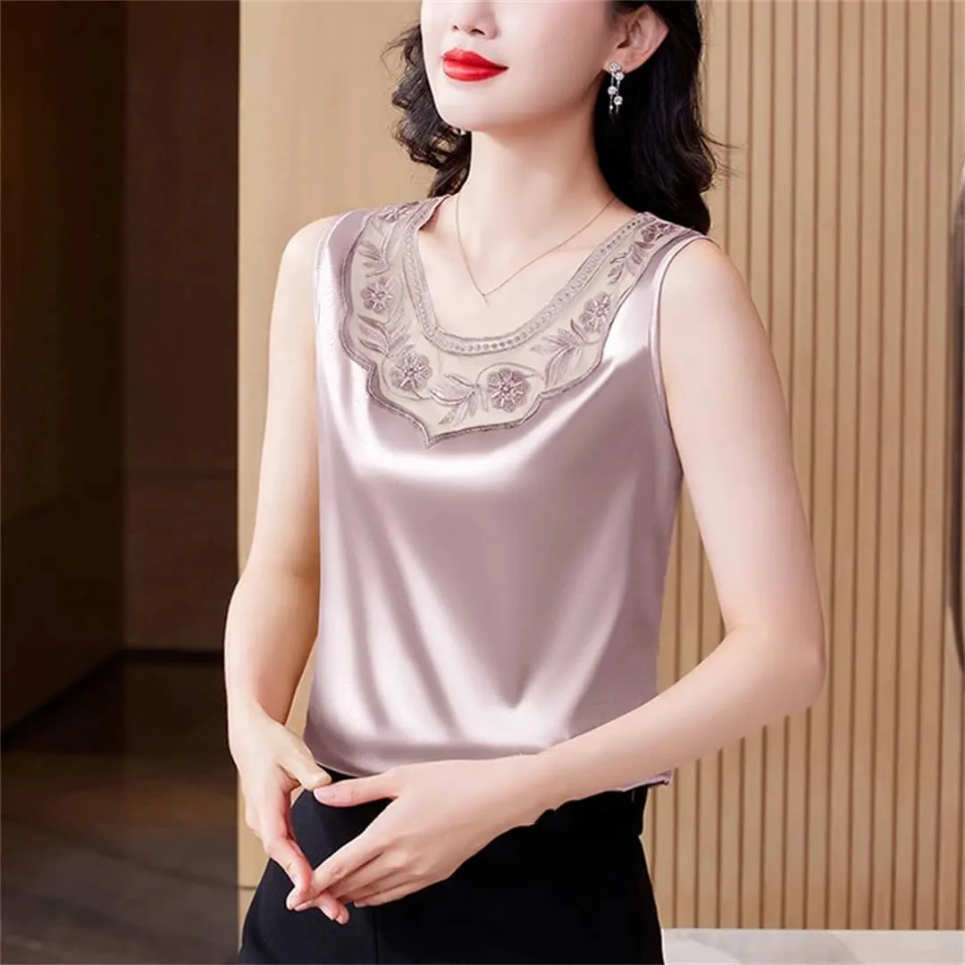 Dbdkejj Women Spring Summer Casual Lace Round Neck Patchwork Embroidered Satin Camisole Tank Top