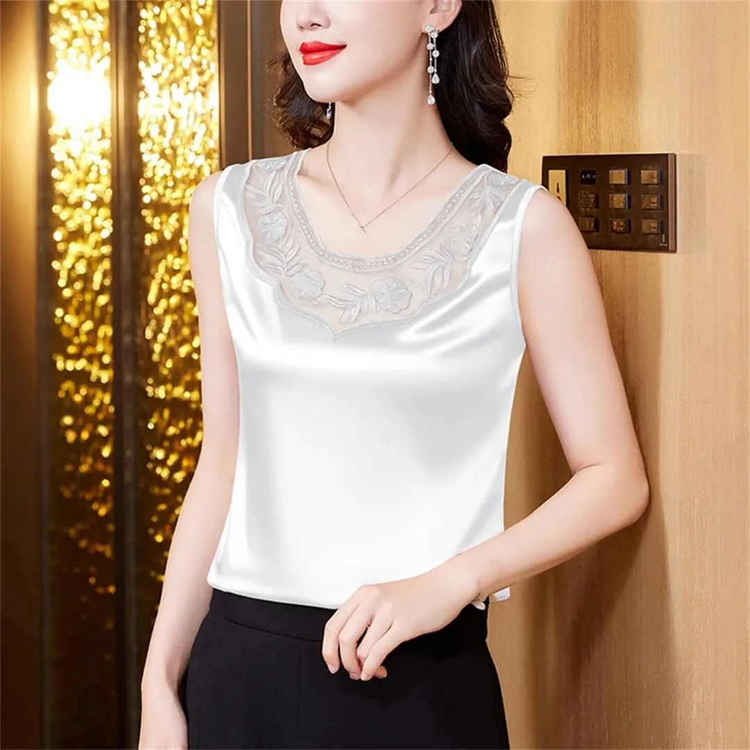 Dbdkejj Women Spring Summer Casual Lace Round Neck Patchwork Embroidered Satin Camisole Tank Top