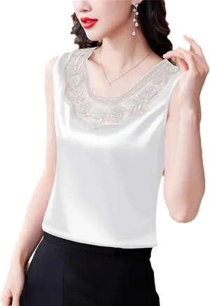 Dbdkejj Women Spring Summer Casual Lace Round Neck Patchwork Embroidered Satin Camisole Tank Top