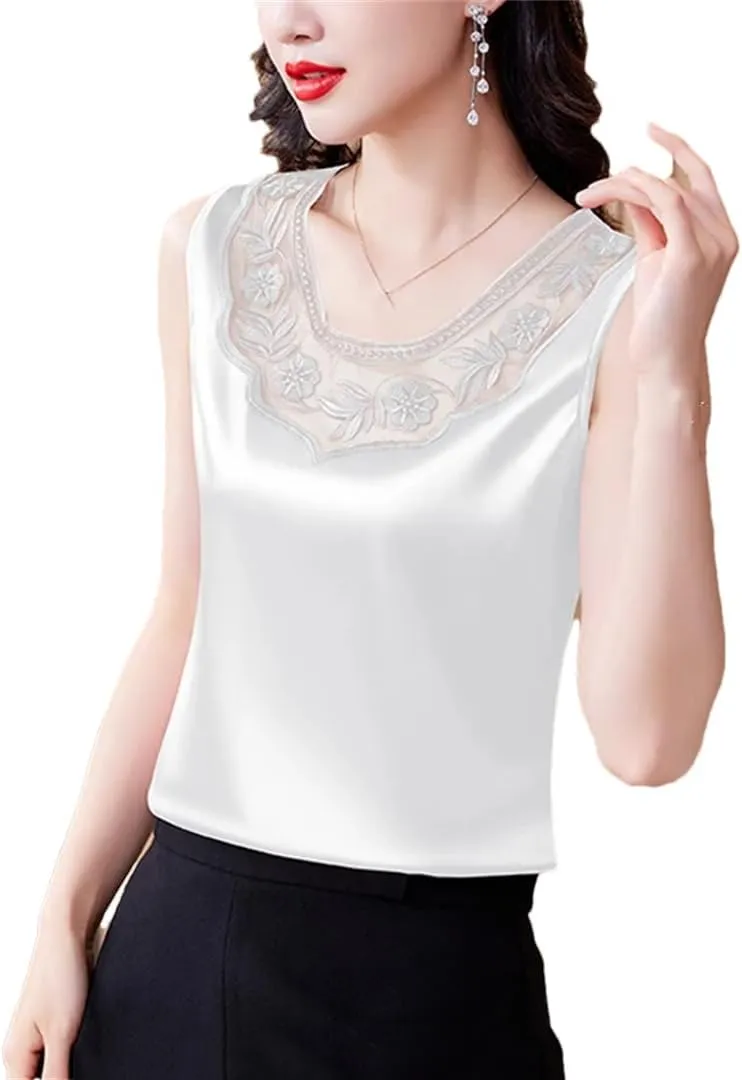 Dbdkejj Women Spring Summer Casual Lace Round Neck Patchwork Embroidered Satin Camisole Tank Top
