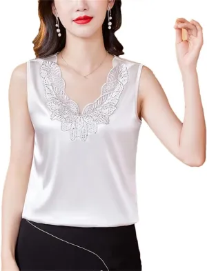 Dbdkejj Women Summer Diamond Embroidery Vest Satin Sleeveless Camisole