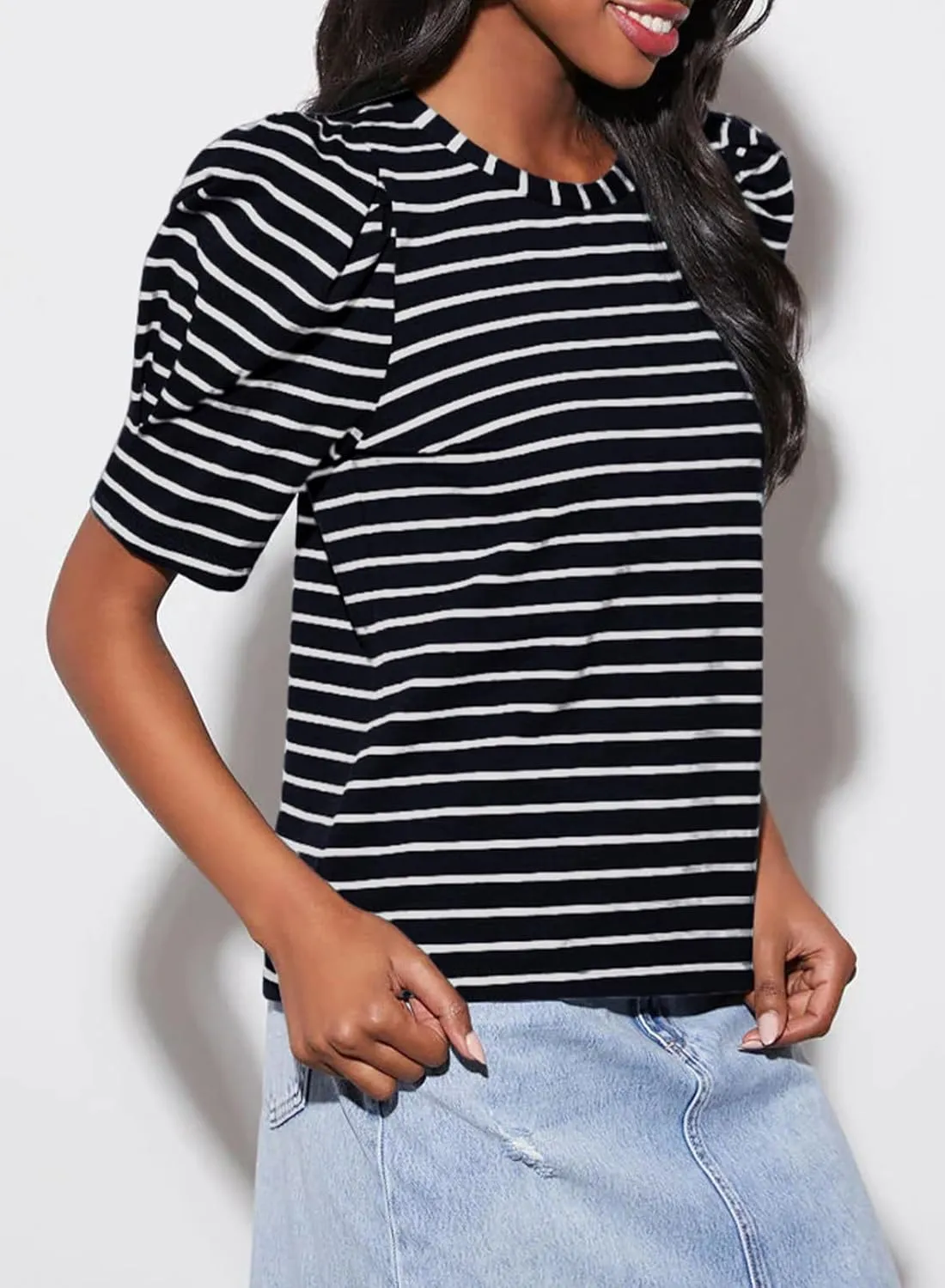 Dokotoo Women's Casual Short Puff Sleeve Crew Neck Striped T Shirts Summer Tops