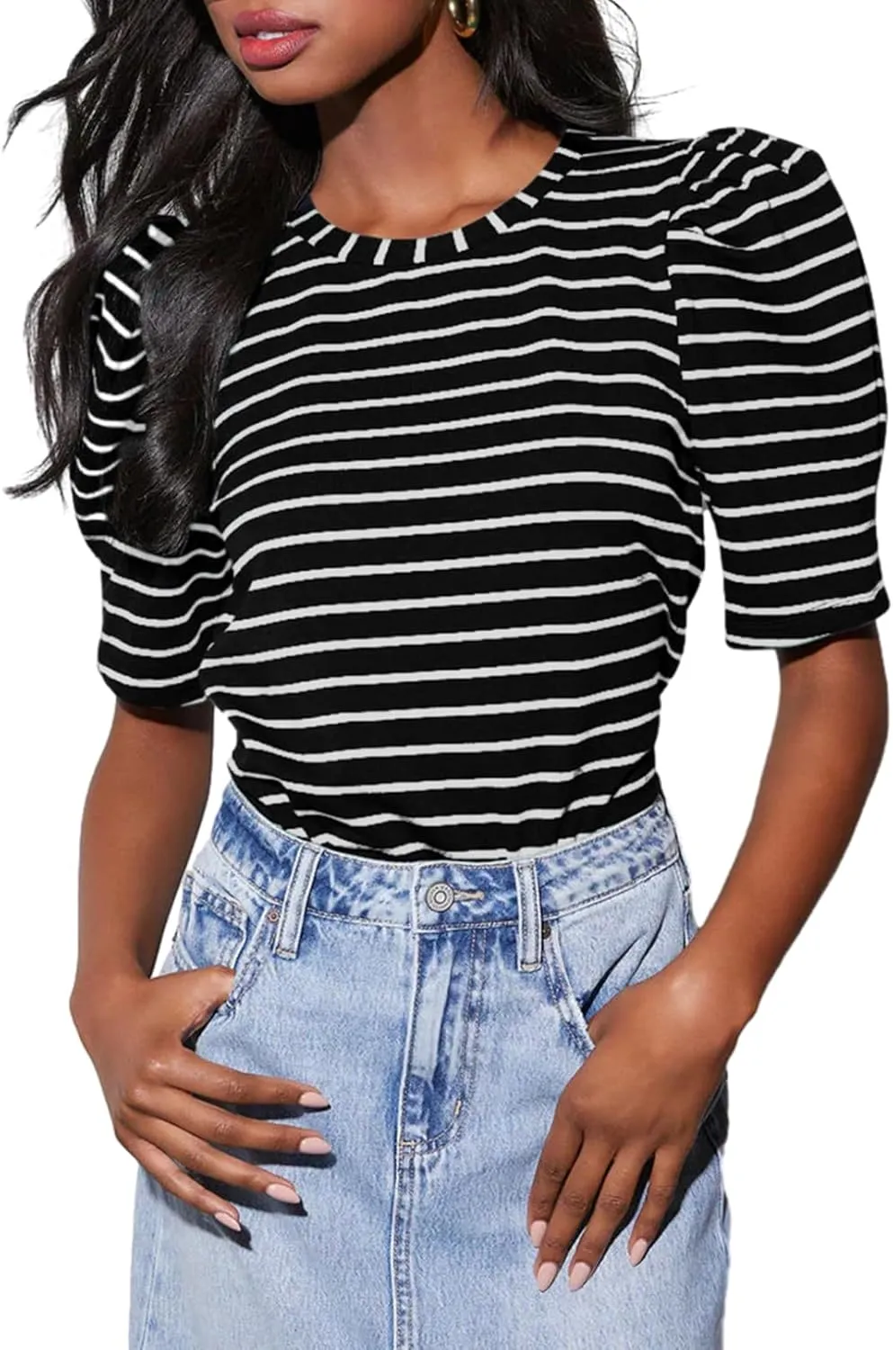 Dokotoo Women's Casual Short Puff Sleeve Crew Neck Striped T Shirts Summer Tops