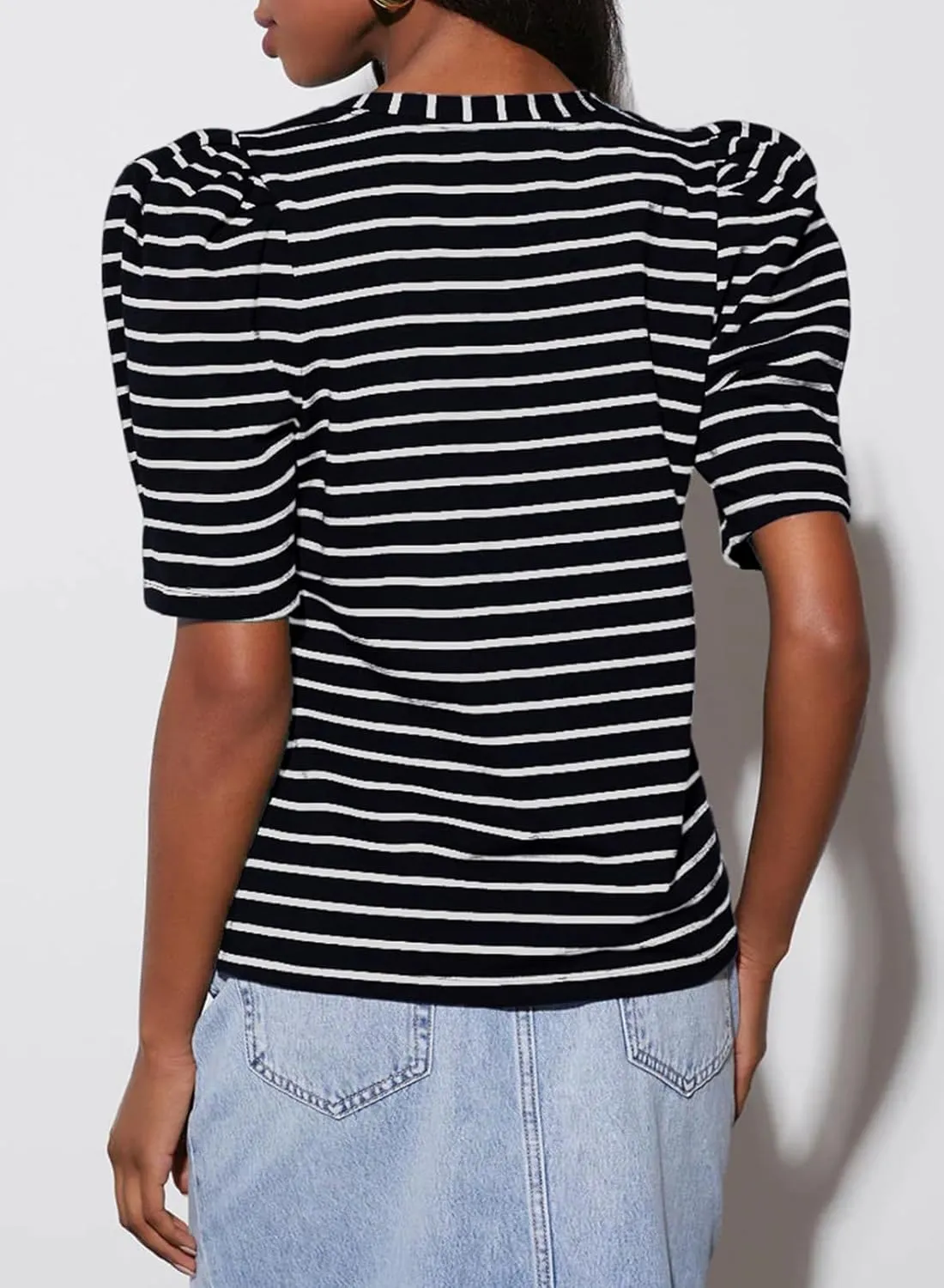 Dokotoo Women's Casual Short Puff Sleeve Crew Neck Striped T Shirts Summer Tops