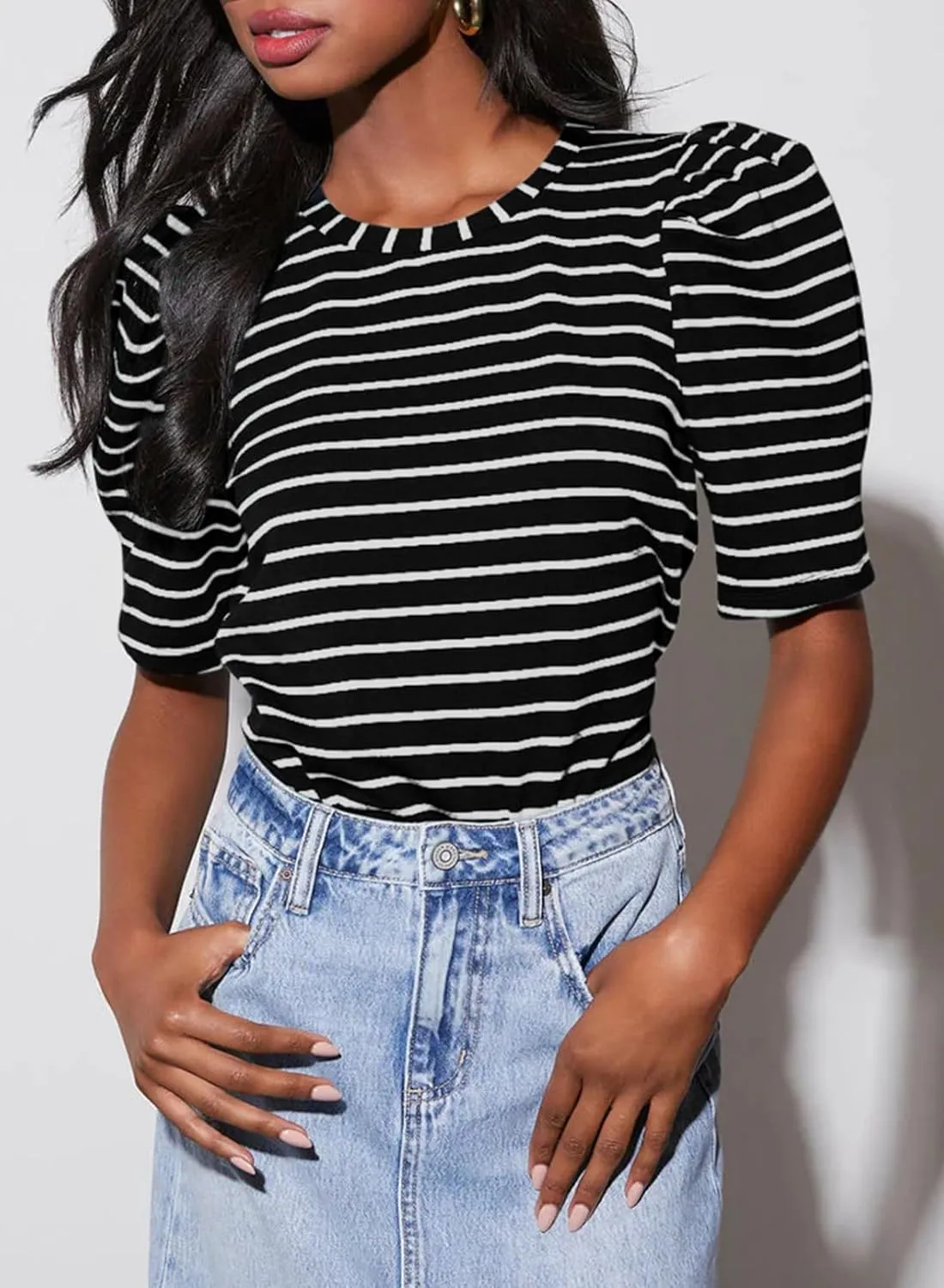 Dokotoo Women's Casual Short Puff Sleeve Crew Neck Striped T Shirts Summer Tops