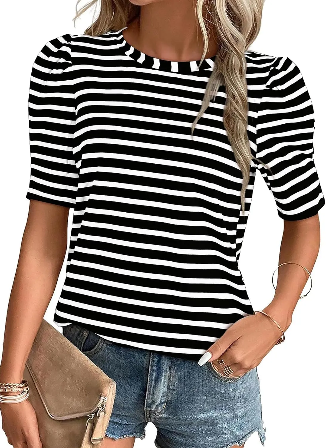Dokotoo Women's Casual Short Puff Sleeve Crew Neck Striped T Shirts Summer Tops