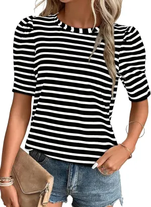 Dokotoo Women's Casual Short Puff Sleeve Crew Neck Striped T Shirts Summer Tops