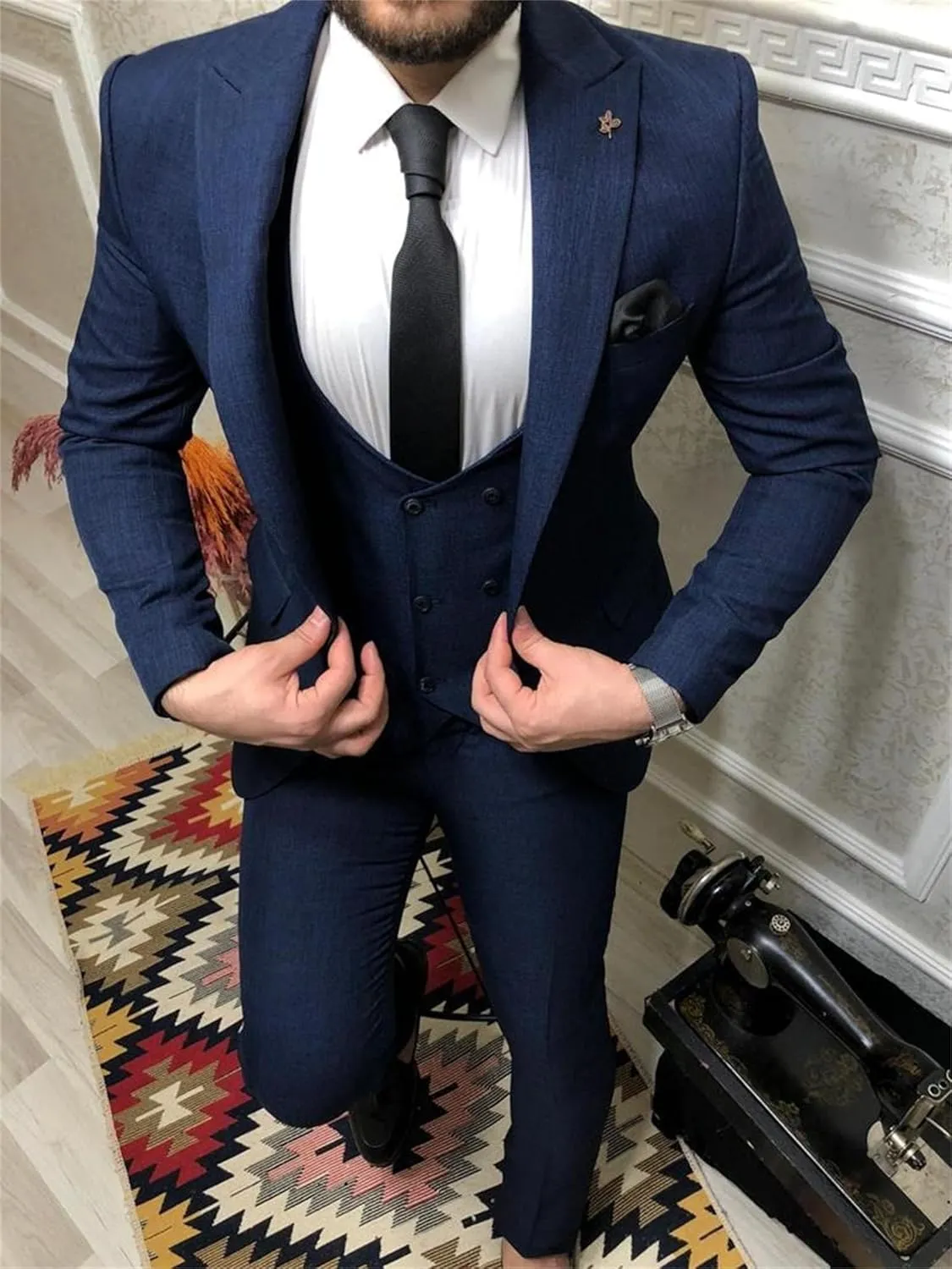 Double Breasted Suit Men 3 Piece Men's Suits Slim Fit Peak Lapel Suit one Button Blazer Vest Pants for Men Wedding
