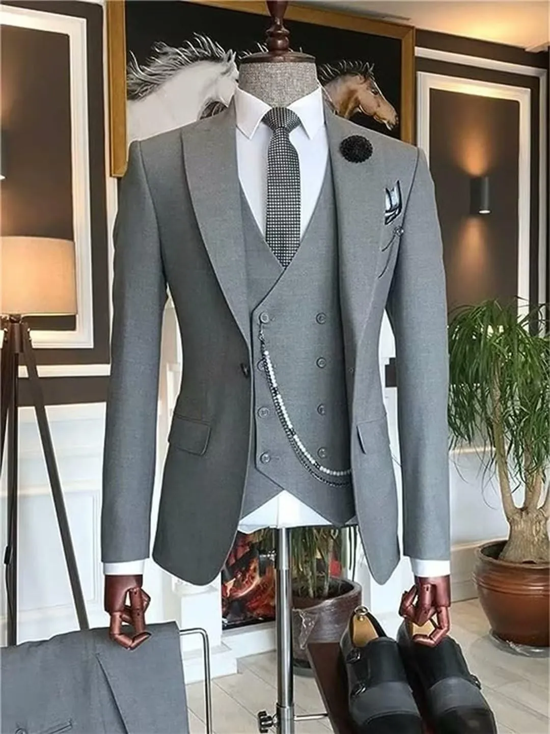 Double Breasted Suit Men 3 Piece Men's Suits Slim Fit Peak Lapel Suit one Button Blazer Vest Pants for Men Wedding