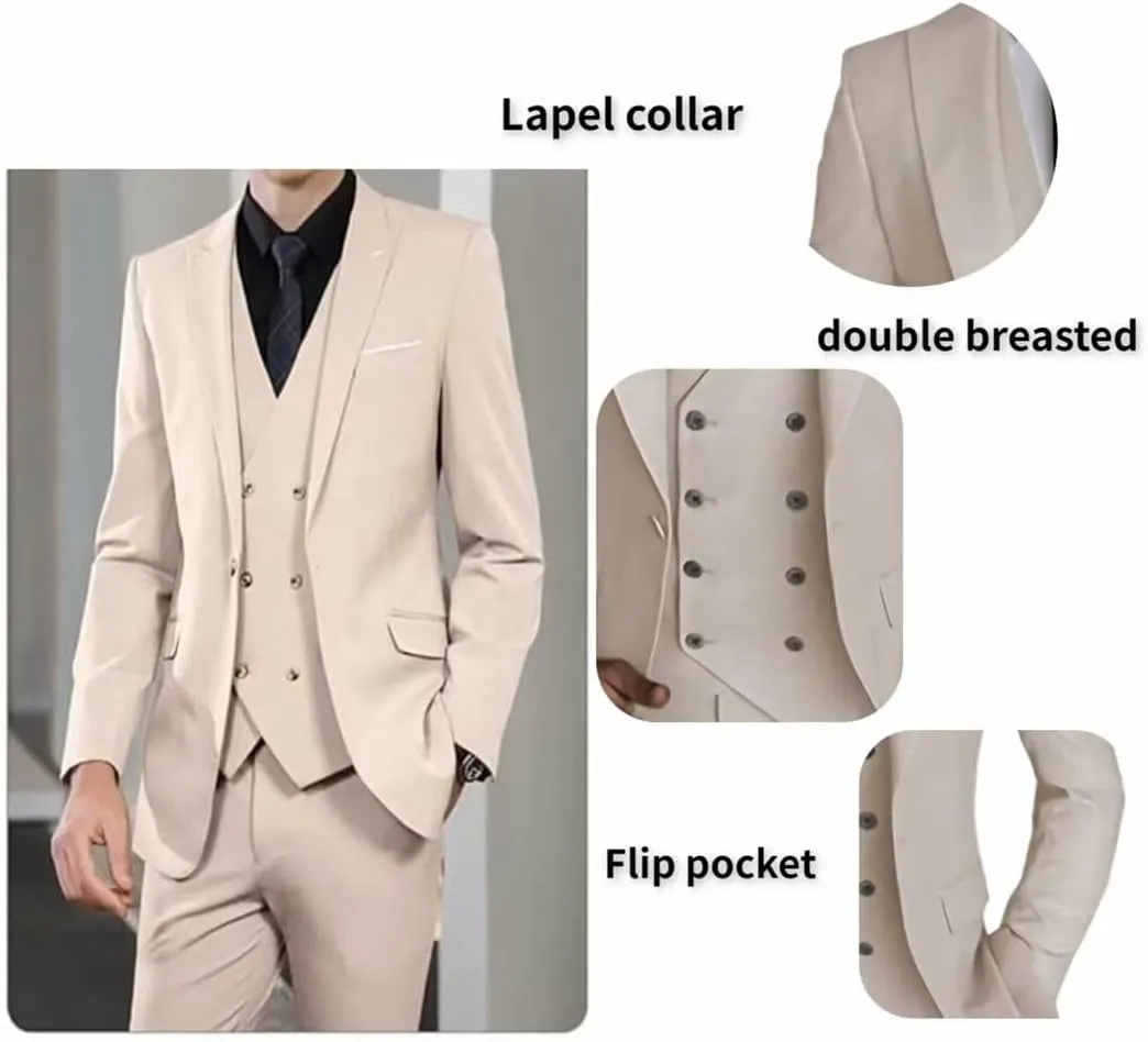 Double Breasted Suit Men 3 Piece Men's Suits Slim Fit Peak Lapel Suit one Button Blazer Vest Pants for Men Wedding