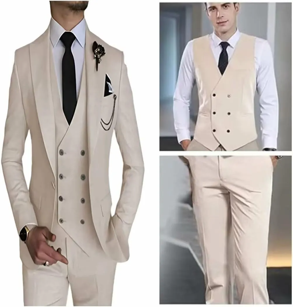 Double Breasted Suit Men 3 Piece Men's Suits Slim Fit Peak Lapel Suit one Button Blazer Vest Pants for Men Wedding