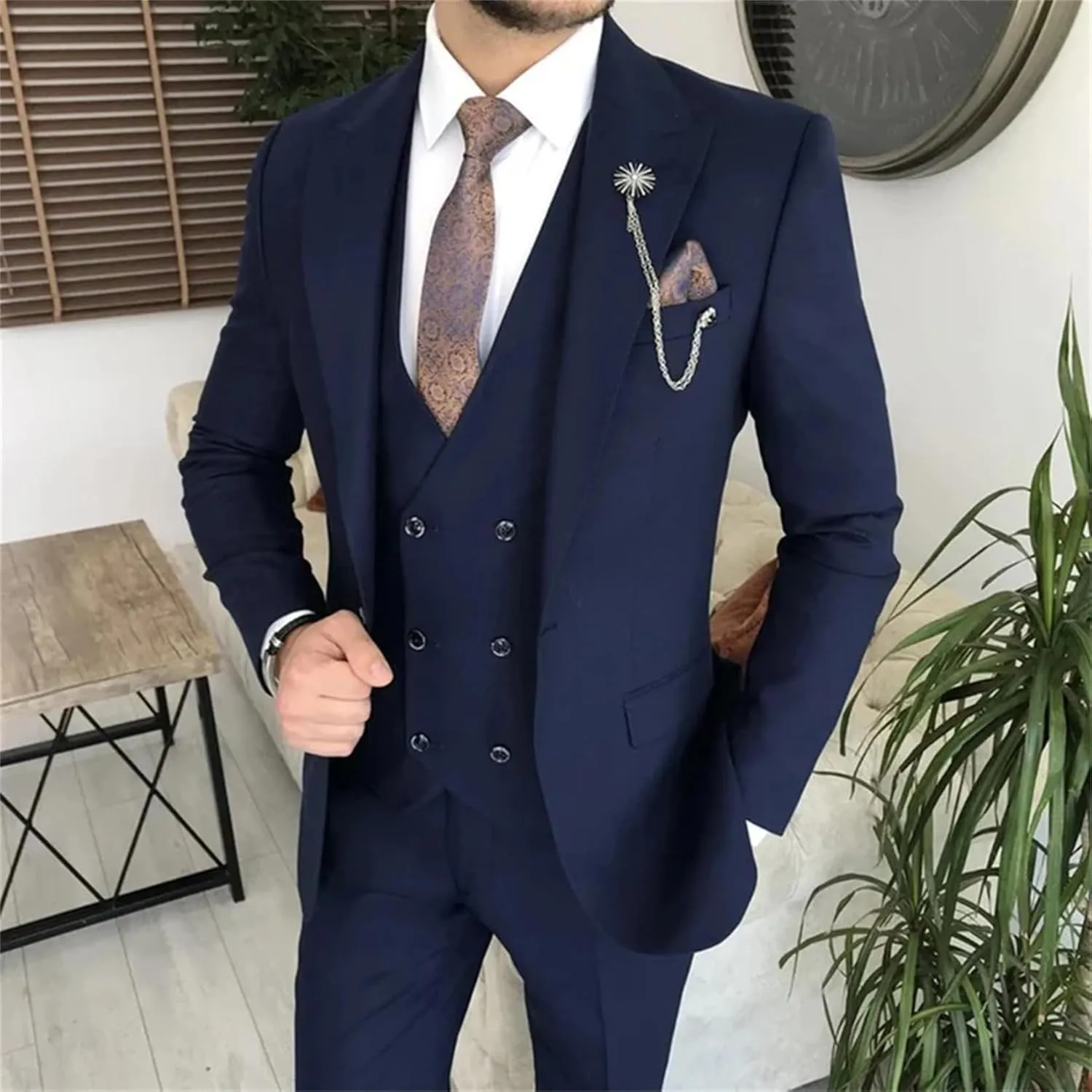 Double Breasted Suit Men 3 Piece Men's Suits Slim Fit Peak Lapel Suit one Button Blazer Vest Pants for Men Wedding
