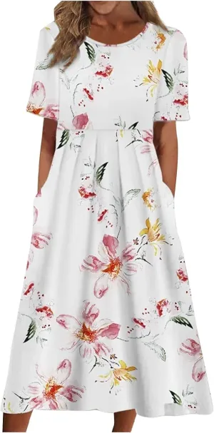 Dresses for Women 2023 Fashion High Waist Printed Short Sleeve Dress Casual Loose Round Neck Pleated Pocket Dress