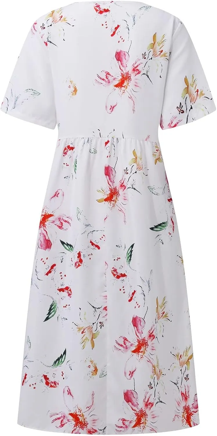 Dresses for Women 2023 Fashion High Waist Printed Short Sleeve Dress Casual Loose Round Neck Pleated Pocket Dress