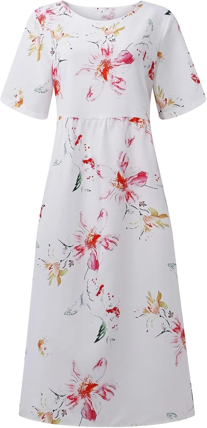 Dresses for Women 2023 Fashion High Waist Printed Short Sleeve Dress Casual Loose Round Neck Pleated Pocket Dress