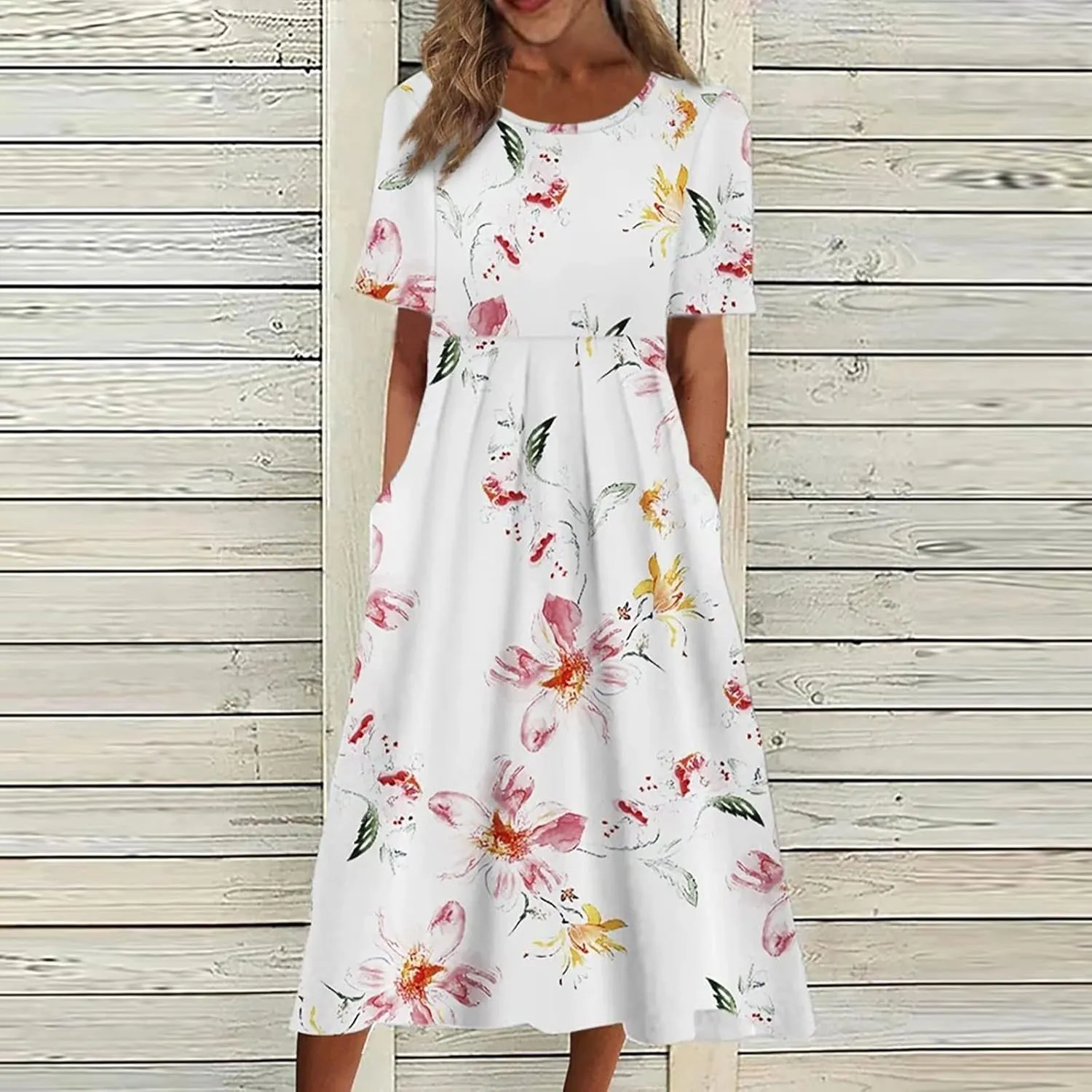 Dresses for Women 2023 Fashion High Waist Printed Short Sleeve Dress Casual Loose Round Neck Pleated Pocket Dress