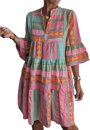 Dresses for Women Summer V Neck 3/4 Flare Sleeve Fresh Print Casual Loose Tiered Mini Dress