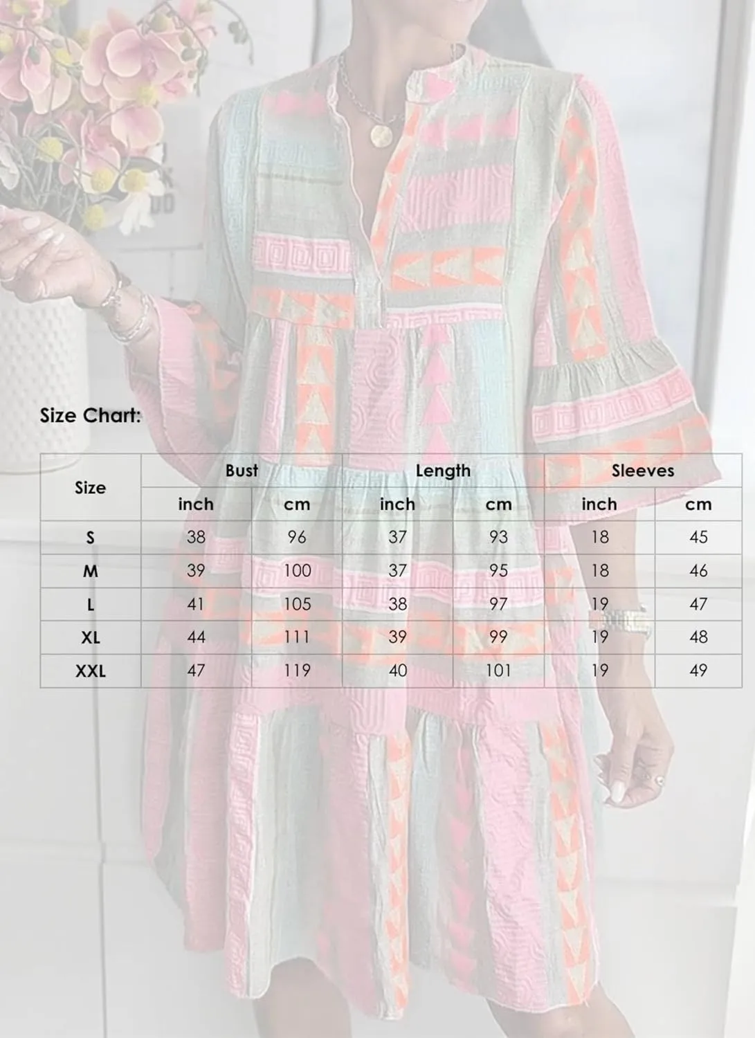 Dresses for Women Summer V Neck 3/4 Flare Sleeve Fresh Print Casual Loose Tiered Mini Dress