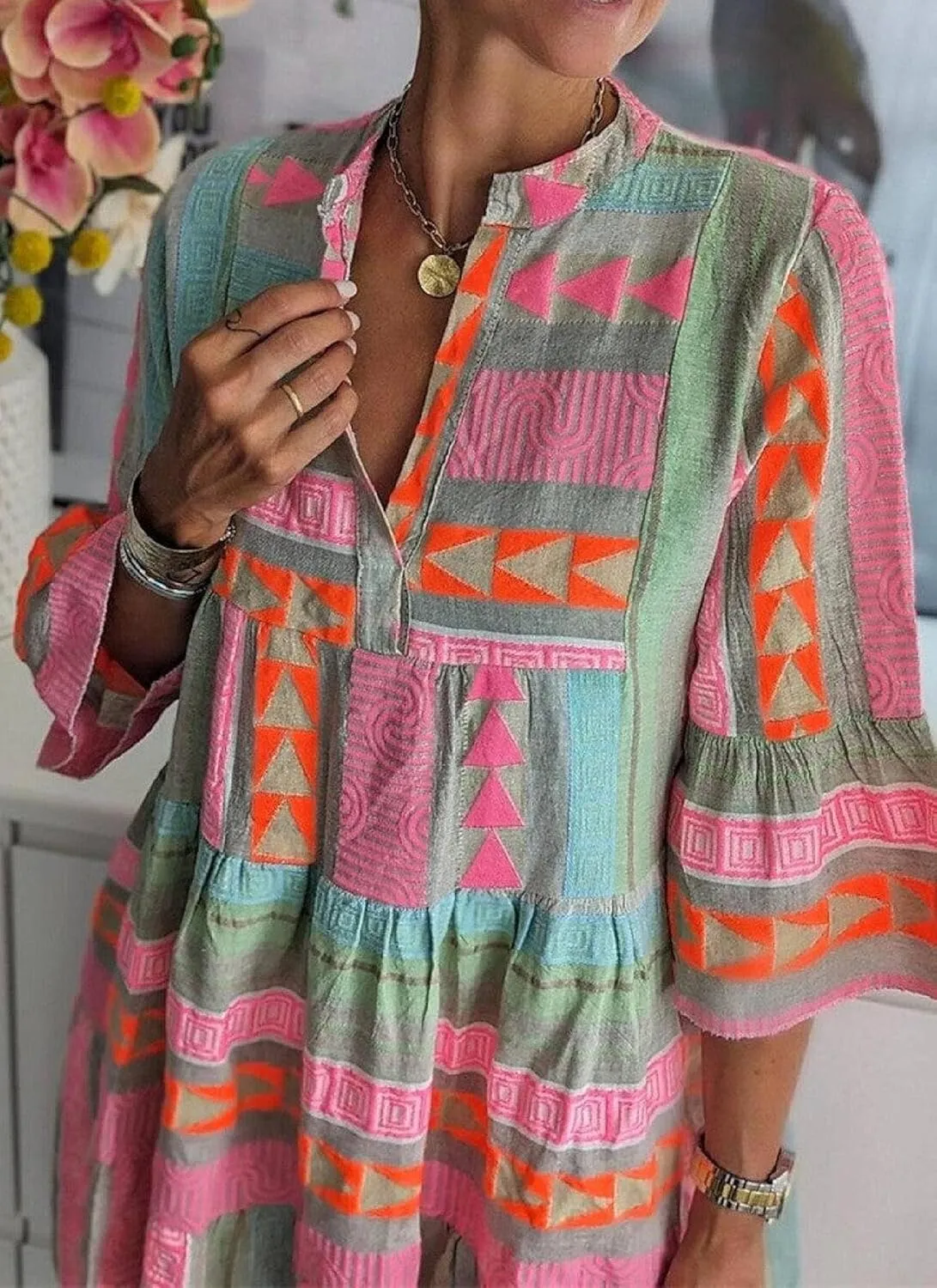 Dresses for Women Summer V Neck 3/4 Flare Sleeve Fresh Print Casual Loose Tiered Mini Dress