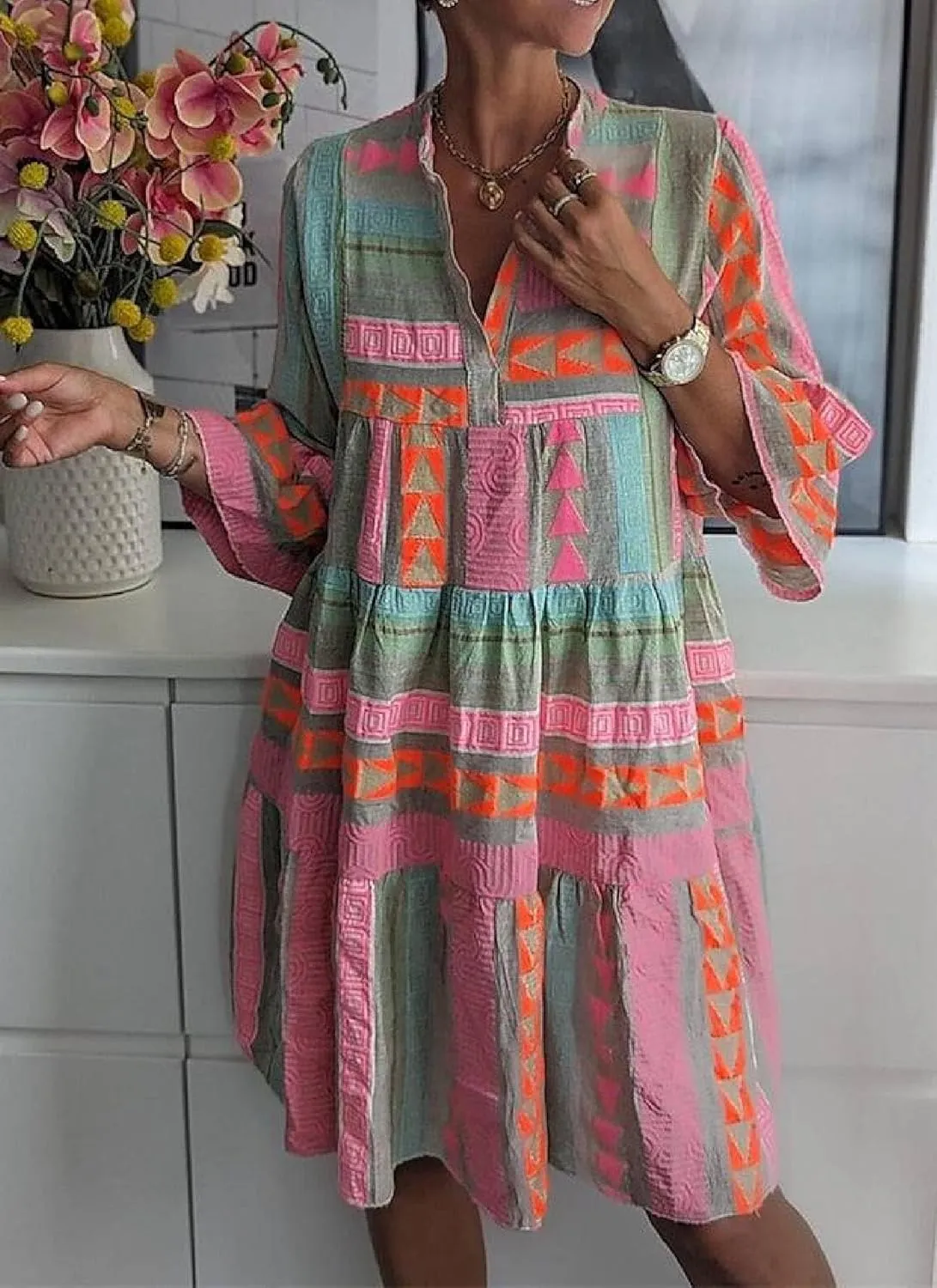 Dresses for Women Summer V Neck 3/4 Flare Sleeve Fresh Print Casual Loose Tiered Mini Dress