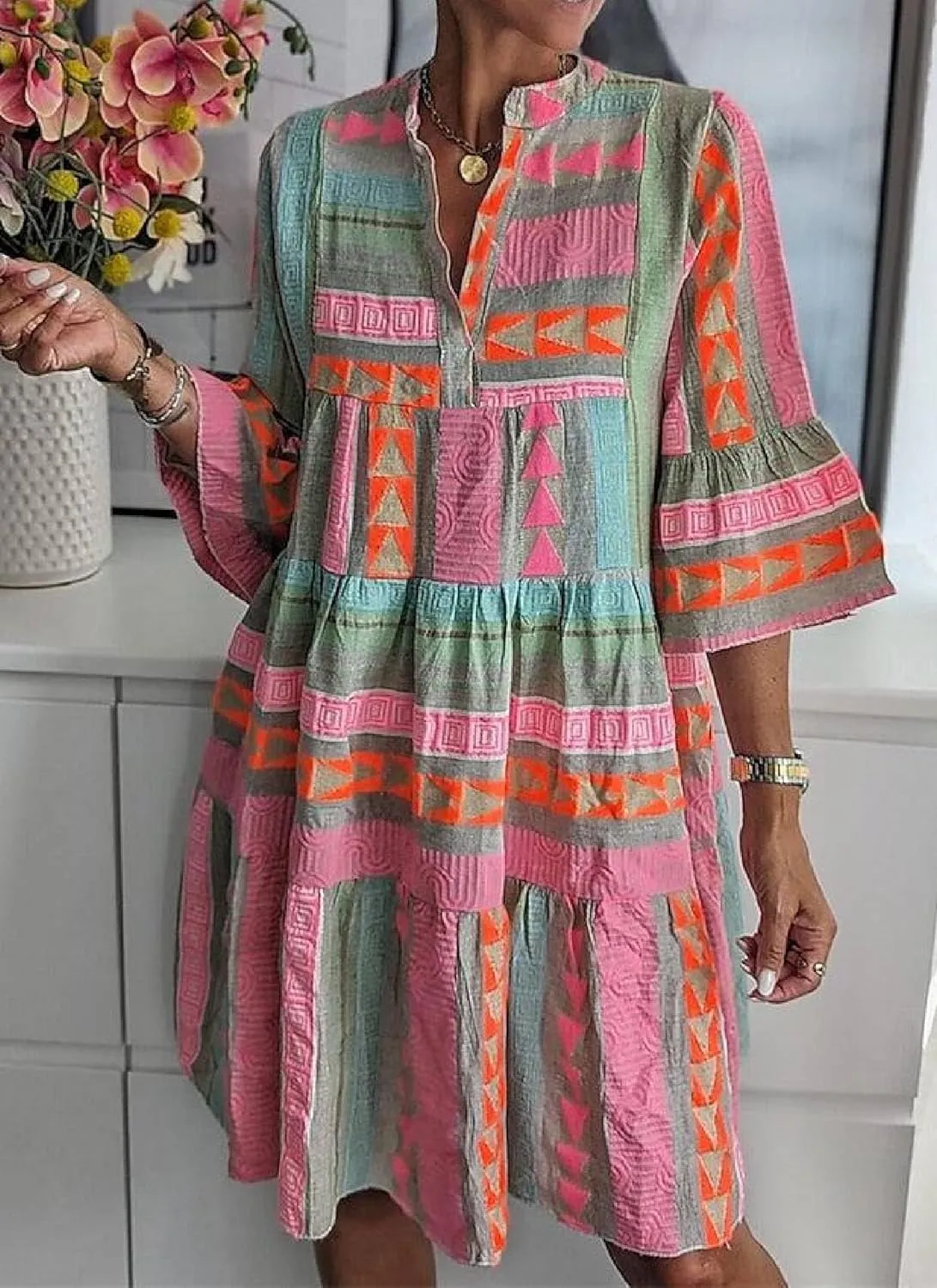 Dresses for Women Summer V Neck 3/4 Flare Sleeve Fresh Print Casual Loose Tiered Mini Dress
