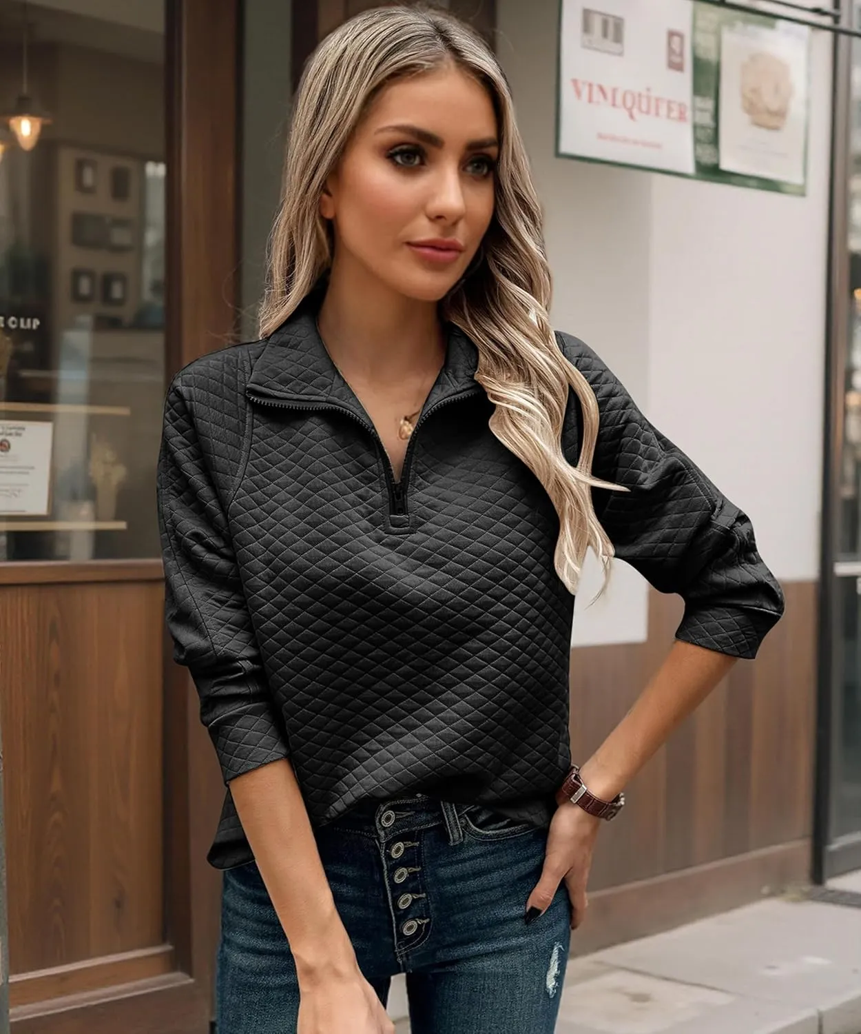 ECOWISH Womens Sweateshirt Quarter Zip: Fall Fashion 2025 Tops Winter Oversized Hoodie Ribbed Qulited Pullover V Neck Outfit