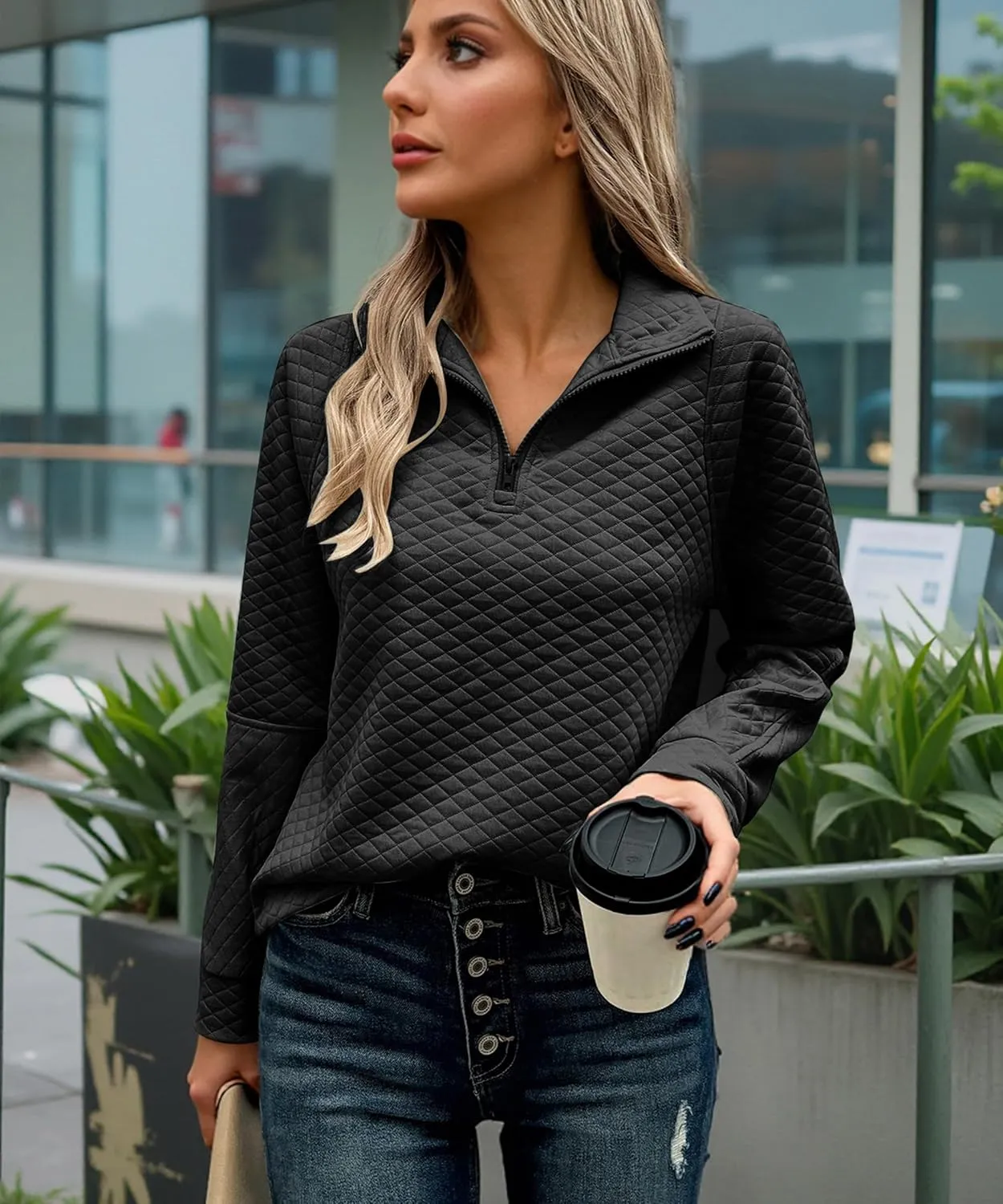 ECOWISH Womens Sweateshirt Quarter Zip: Fall Fashion 2025 Tops Winter Oversized Hoodie Ribbed Qulited Pullover V Neck Outfit