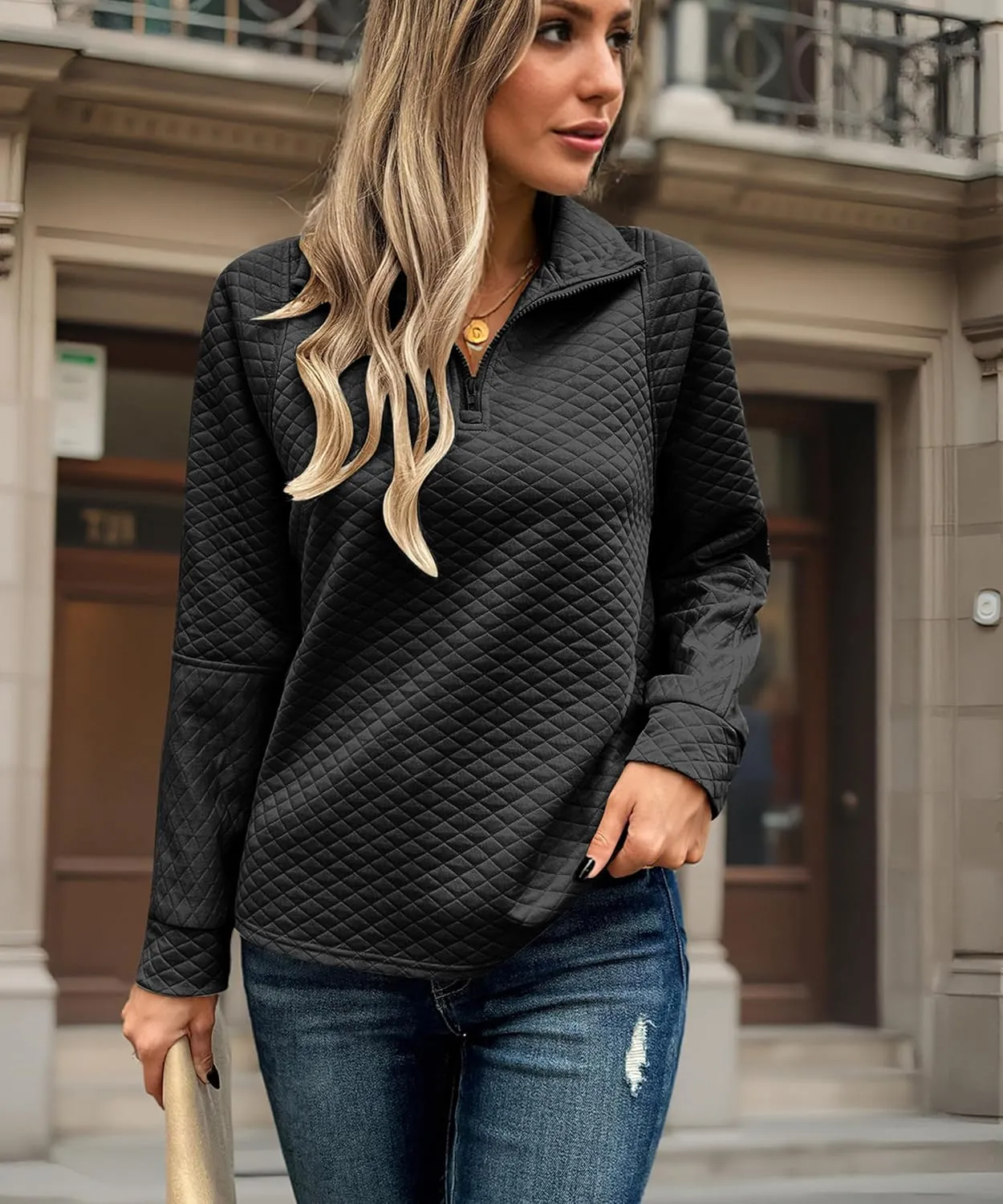 ECOWISH Womens Sweateshirt Quarter Zip: Fall Fashion 2025 Tops Winter Oversized Hoodie Ribbed Qulited Pullover V Neck Outfit