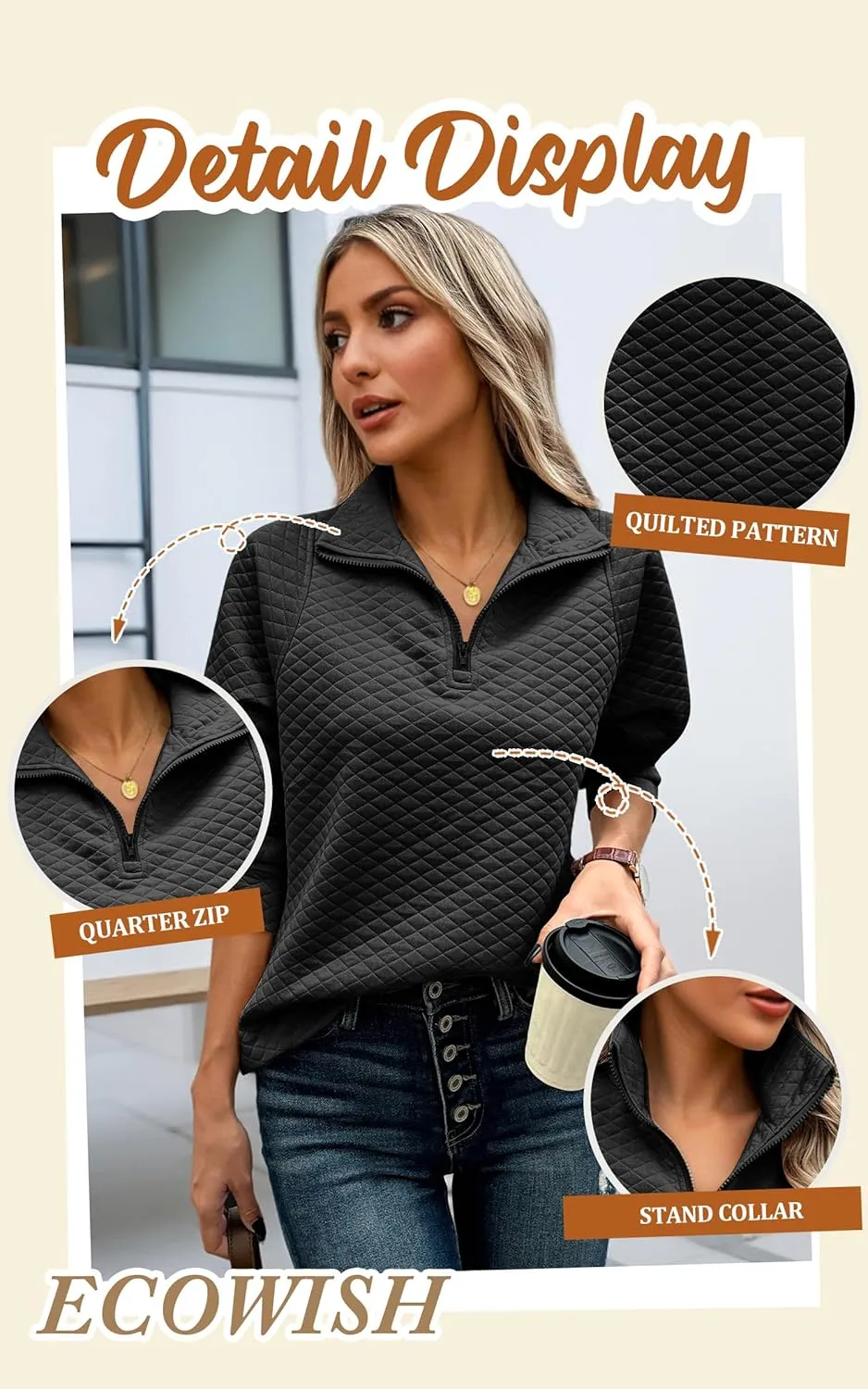 ECOWISH Womens Sweateshirt Quarter Zip: Fall Fashion 2025 Tops Winter Oversized Hoodie Ribbed Qulited Pullover V Neck Outfit