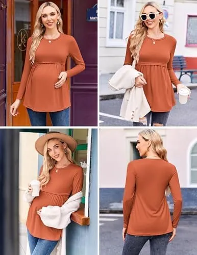 Ekouaer Maternity Shirts 3 Packs Pleated Long Sleeve Tops Tunic Casual Pregnancy Clothes