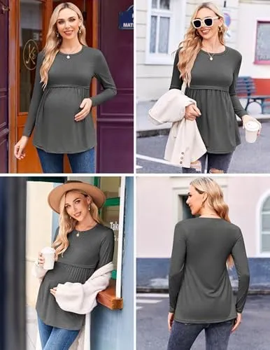 Ekouaer Maternity Shirts 3 Packs Pleated Long Sleeve Tops Tunic Casual Pregnancy Clothes