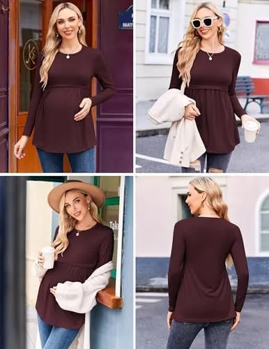 Ekouaer Maternity Shirts 3 Packs Pleated Long Sleeve Tops Tunic Casual Pregnancy Clothes