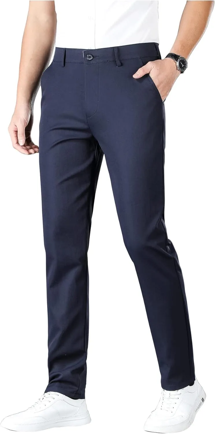ESSYSHE Mens Slim Fit Flat Front Dress Pants Wrinkle Free Khaki Pants