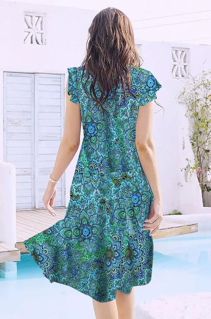 ETCYY Sundresses for Women 2025 Vacation Ruffle Tiered Beach Cover Ups Boho Floral Print Casual Summer Midi Dress