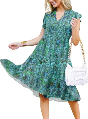 ETCYY Sundresses for Women 2025 Vacation Ruffle Tiered Beach Cover Ups Boho Floral Print Casual Summer Midi Dress