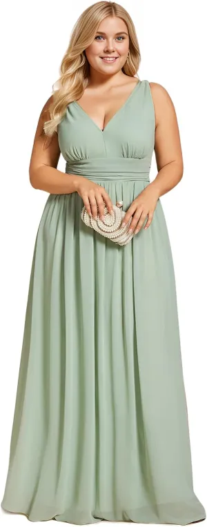 Ever-Pretty V Neck Sleeveless Pleated Chiffon Maxi Plus Size Formal Dresses for Women Bridesmaid Dresses 09016-DA