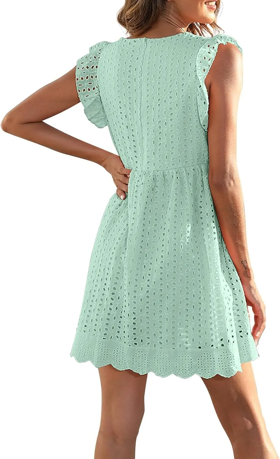 Eyelet Dress for Women 2025 Y2K Dress Sleeveless Ruffle V Neck Hollow Loose Mini Dress Boho Beach Vacation Sundress