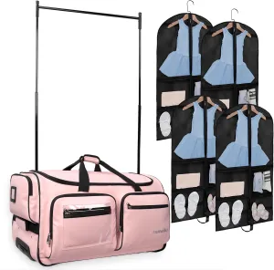 Fanwoli Bundles Kits | 28" Dance Bag with Garment Rack(Pink) & 4-Piece Costume Bag Cover(Black)